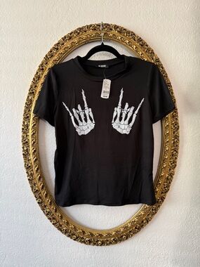 Black Short Sleeve Tee with White Skeleton Hands - Women's